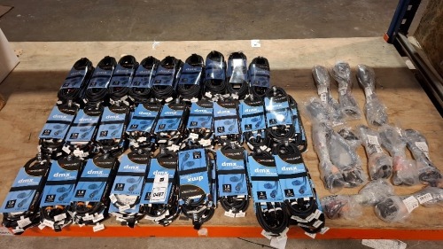 132 X BRAND NEW MIXED LOT CONTAINING ACCU - CABLE DMX 3 PIN CABLE IN SIZE 10 M , 3M AND 1.5 M , PLC IP65 LOCKING POWER LINK IN SIZE 1.5M , DMX 5 PIN IP65 CABLE ETC ON HALF A BAY
