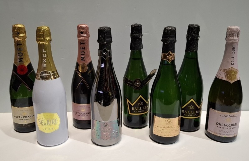 8 X PIECE BRAND NEW MIXED CHAMPAGNE LOT TO INCLUDE MOET & CHARDON IMPERIAL AND ROSE IMPERIAL - DELA COURT ROSE CHAMPAGNE - BALLERS CHAMPAGNE - LUXE BELAIRE CHAMPAGNE ALL 75CL