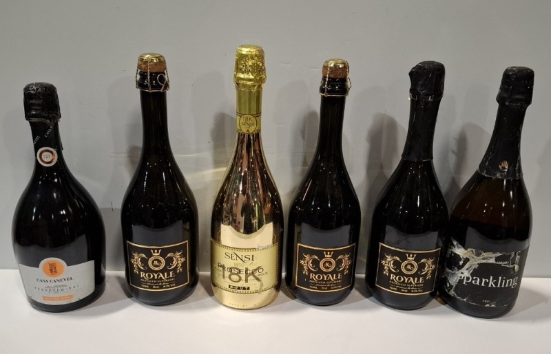 6 X PIECE BRAND NEW MIXED LOT TO INCLUDE SENSI PROSSECO BRUT - ROYALE PROSECCO - CASA CANEVEL - SPARKLING PINOT NOIR ALL 750ML