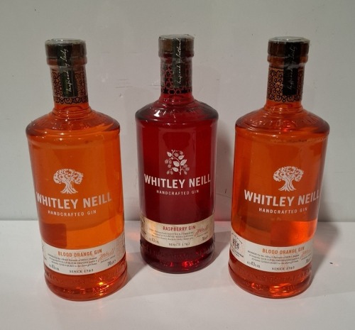 8 X PIECE BRAND NEW MIXED WHITLEY NIELL GIN LOT TO INCLUDE 6 X RASPBERRY GIN 2 X BLOOD ORANGE GIN ALL 70CL