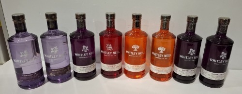 8 X PIECE BRAND NEW MIXED WHITLEY NIELL GIN LOT TO INCLUDE 3 X RHUBARB AND GINGER - 2 X PARMA VIOLET - 2 X BLOOD ORANGE - 1 X RASPBERRY ALL 70CL