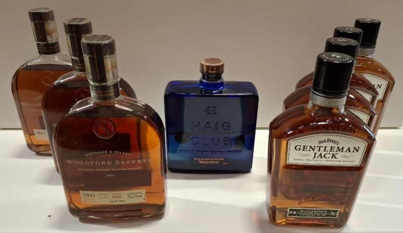 8 X BRAND NEW MIXED WHISKEY LOT TO INCLUDE JACK DANIELS GENTLEMAN JACK 70CL - WOODFORD RESERVE 70CL - HAIGH CLUB 70CL