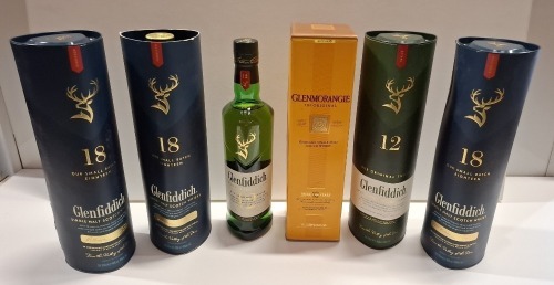 6 X BRAND NEW MIXED WHISKEY LOT TO INCLUDE 3X BOXED GLENFIDDICH SINGLE MALT SCOTCH WHISKEY 18 - 2X GLENFIDDICH SINGLE MALT SCOTCH 12 (1 BOXED) 1X BOXED GLENMORANGIE HIGHLAND SINGLE MALT SCOTCH WHISKEY ALL 70CL