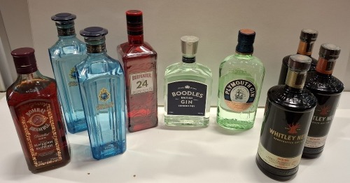 9 X PIECE BRAND NEW MIXED GIN LOT TO INCLUDE 2X STAR OF BOMBAY 70CL - 3X WHITLEY NEILL ORIGINAL GIN 70CL - PLYMOUTH GIN 70CL - BOODLES GIN 70CL ETC