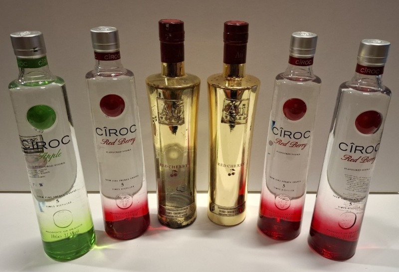 6 X BRAND NEW MIXED VODKA LOT TO INCLUDE 2 X AU RED CHERRY VODKA - 3 X CIROC RED BERRY - 1 X CIROC APPLE ALL 70CL