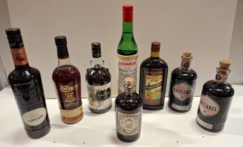 8 X BRAND NEW MIXED LOT TO INCLUDE 2 X CAZCABEL TEQUILA - KRAKEN RUM - GIFFARD LIQUEUR - MONKEY 47 GIN - MYERS RUM ETC ALL 70CL