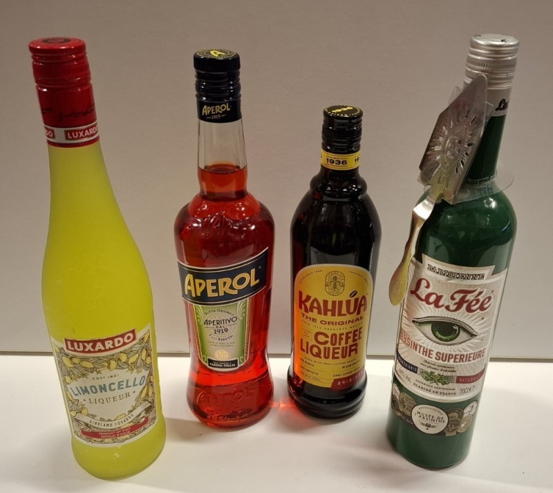 14 X PIECE BRAND NEW MIXED LOT TO INCLUDE KAHULA COFFEE LIQUEUR - LUXADO LEMONCELLO LIQUEUR - LAFEE ABSINTHE - APEROL ETC ALL 70CL
