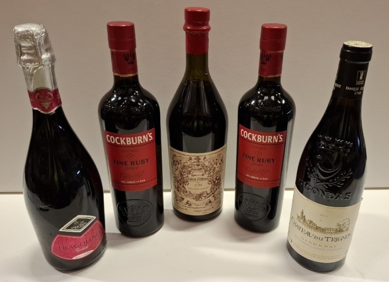5 X PIECE BRAND NEW MIXED LOT TO INCLUDE FAMILLE QUIOT CHATEAU DU TRIGNON RED WINE - COCKBURNS FINE RUBY PORT - ANTICA RICETTA VERMOUTH PREGIATO RED WINE - VILJA OPPI FRAGOLINO SPARKLING WINE ALL 75CL