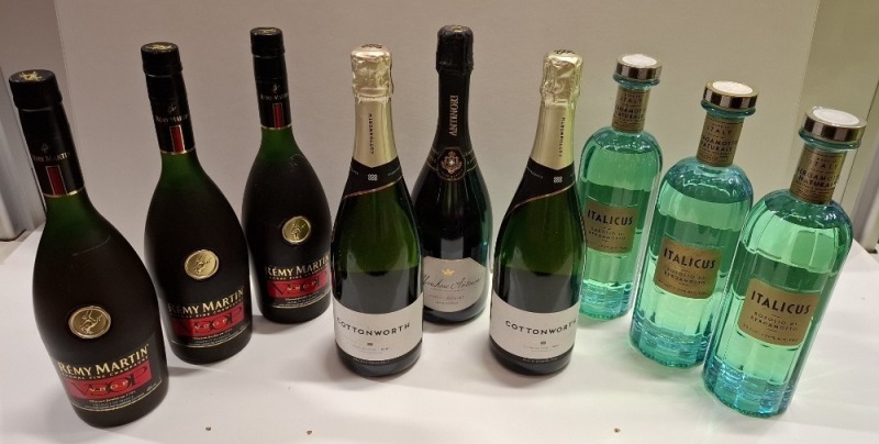9 X PIECE BRAND NEW MIXED LOT TO INCLUDE 3 X ITALICUS APERITIF LIQUEUR 70CL - 3 X REMY MARTIN CHAMPAGNE 70CL - 2 X COTTONWORTH CHAMPAGNE 70CL ETC