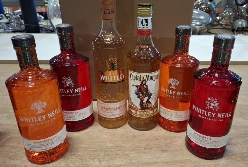 6 X PIECE BRAND NEW MIXED LOT TO INCLUDE 4 X WHITLEY NEILL GIN 70CL - 1 X CAPTAIN MORGAN RUM - 1 X J.J WHITLEY GIN 70 CL