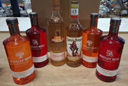 6 X PIECE BRAND NEW MIXED LOT TO INCLUDE 4 X WHITLEY NEILL GIN 70CL - 1 X CAPTAIN MORGAN RUM - 1 X J.J WHITLEY GIN 70 CL