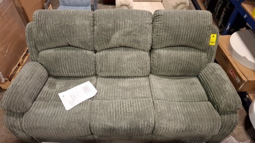 1 X HOMELIFE 3 SEATER FABRIC RECLINER IN GREY - (NOTE CUSTOMER RETURNS SOME DAMAGE TO BACK OF SOFA SEE PICTURE)