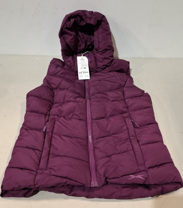 14 X SLAZENGER SLEEVELESS WOMEN'S MID LENGTH PADDED GILLET JACKET IN PLUM IN SIZE UK 12 IN TWO BOXES - ORIGINAL RRP &pound;60 EACH ( PLEASE NOTE STILL IN ORIGINAL PACKAGING HOWEVER WATER DAMAGE TO BOXES & TAGS)