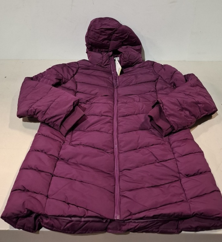 8 X SLAZENGER WOMEN'S MID LENGTH PADDED JACKET IN PLUM IN SIZE UK 16 IN TWO BOXES - ORIGINAL RRP &pound;85 EACH ( PLEASE NOTE STILL IN ORIGINAL PACKAGING HOWEVER WATER DAMAGE TO BOXES & TAGS)