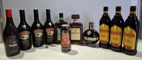 11 X BRAND NEW MIXED DRINK LOT CONTAINING 1 X CHAMBORD BLACK RASPBERRY LIQUEUR 16.5% 70CL , 1 X DISARONNO 28% 700ML , 1 X MESSER SCHMITT HERBAL SCHNAPPS 22% 70CL , 1 X PAIXAO PASSION FRUIT 17% 70CL , 3 X BAILEYS 17% 700ML , 3 X KAHLUA COFFEE LIQUEUR 16