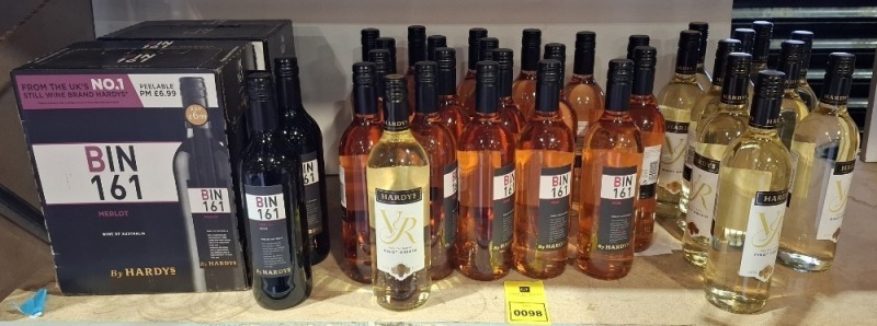 44 X BRAND NEW MIXED WINE LOT CONTAININNG 19 X HARDYS BIN 161 ROSE 11% 750 ML , 14 X HARDYS BIN 161 MERLOT 11% 750 ML , 11 X HARDYS VR PINOT GRIGIO 11% 750ML