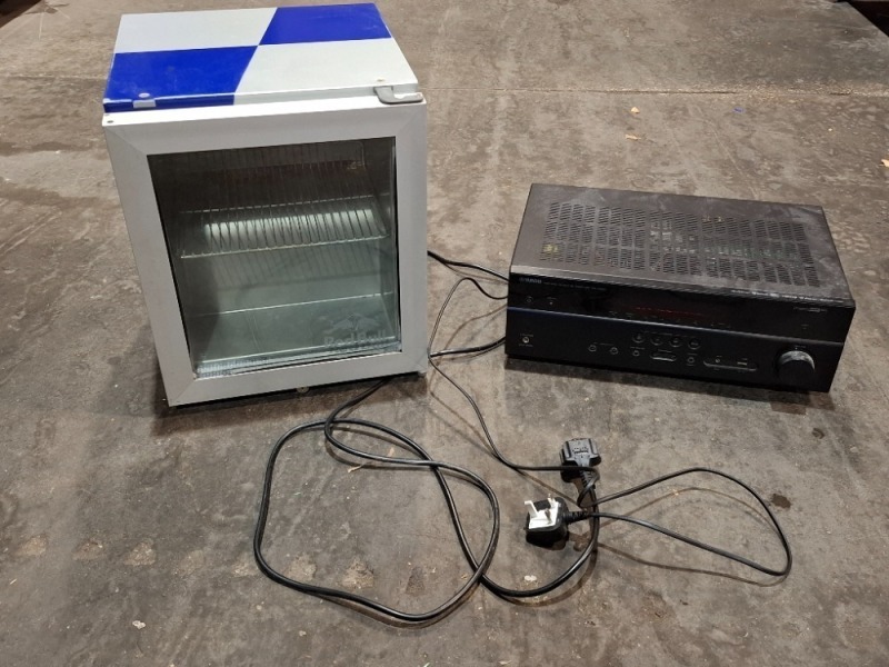 2 X MIXED LOT CONTAINING 1 X REDBULL MINI FRIDGE IN WORKING CONDITION , 1 X YAMAHA AV RECEIVER FOR HOME CINEMA.