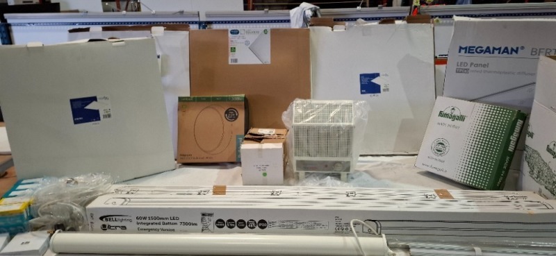 30 X MIXED LIGHTING LOT CONTAINING PHOEBE LED GALANOS ARTESON BACKLIT LED PANEL 40W 3000K WARM WHITE , MEGAMAN LED PANEL 4000K IN COOL WHITE , BELL LIGHTING 60W 1500MM LED INTEGRATED BATTEN 73000LM , SIMON - TOBIA CLASSIC LANTERN LARGE SIZE , LUMINEUX RID