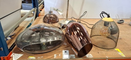 5 X MIXED LIGHTING LOT CONTAINING MANTRA 40CM LIGHT LENS - RRP &pound;219 , HANGING CAGE LIGHT , GLASS GLOBE HANGING LIGHT , FLOOR STANDING LIGHT (EX DISPLAY )