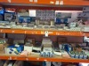 100 + MIXED LIGHTING LOT CONTAINING LETO ADJUSTABLE TWIN SPOTLIGHT , KOSNIC COMPACT LED FLOODLIGHTS , LED EMERGENCY PACK , MEGAMAN LED CLASSIC BULBS , PUSH FIT TERMINALS , 8 WAY BOOSTER WITH IR BYPASS ETC ON 2 SHELVES.