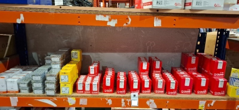 100 + PACKS OF CABLE FIXING CLIPS IN MIXED SIZES 4.0MM , 6.0MM , 1.5MM , 7-10 ROUND CABLE , 10-14 ROUND CABLE ETC ON A FULL SHELF - A 100 CLIPS IN EACH BOX - ON 1 SHELF