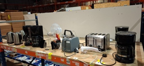 14 X PIECE MIXED LOT TO INCLUDE MICROMARK COFFEE MACHINE - 4X RUSSEL HOBBS KETTLES - RUSSEL HOBBS TOASTER - DUALIT 4 TOAST TOASTER - 2X UNBRANDED COFFEE MACHINES