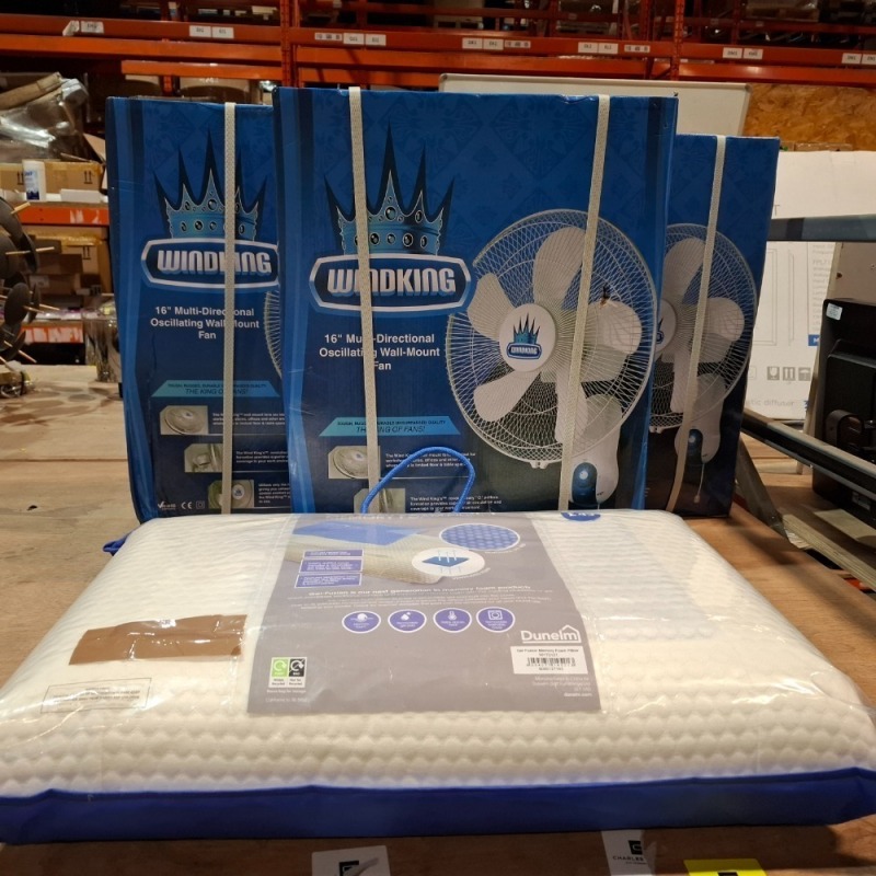 4 X PIECE BRAND NEW MIXED LOT TO INCLUDE 3X WIND KING 16 INCH OSICLLATING WALL MOUNTED FANS - 1X DUNELM MEMORY FOAM PILLOW