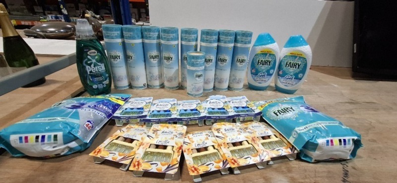 24 X BRAND NEW MIXED LOT TO INCLUDE FAIRY IN WASH SCENT BOOSTERS - FAIRY COLD WASH GEL - PERSIL WONDER WASH DETERGENT - XL FAIRY PLATINUM PODS - FEBREEZE PLUG REFILLS ETC