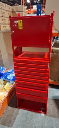 1 X TOOL CHEST CONTAINING 10 DRAWS AND 1 DOOR IN SIZE 170CM HEIGHT X 30CM DEPTH X 50CM LENGTH