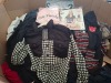 400 + MIXED CLOTHING LOT TO INCLUDE BLACK AND WHITE JUMPER IN SIZE EUR XL , SUFFLE LONG SLEEVED TOP IN BROWN AND WHITE IN SIZE S , EDWARD SCISSORHANDS HOODIE IN BLACK IN SIZE LARGE ETC IN ONE PALLET BOX
