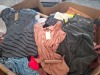 400 + MIXED CLOTHING LOT TO INCLUDE CREP DENIM BLUE SHOES IN SIZE 36 , AVANTI JOGGING BOTTOMS IN PINK IN SIZE S , NEW FAVORI MUSE HOODIE IN LIGHT BLUE IN SIZE SMALL ETC IN ONE PALLET BOX