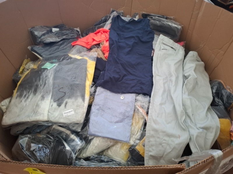 400 X MIXED CLOTHING LOT CONTAINING, GEORGE TROUSERS IN GREY IN SIZE 18, ROCK N ROCK TANK TOP IN PINK, NAVY AND DARK GREEN IN SIZE SMALL, SEEMORE JACKET IN GREY AND YELLOW IN SIZE SMALL, ETC, (ON 1 PALLET BOX)