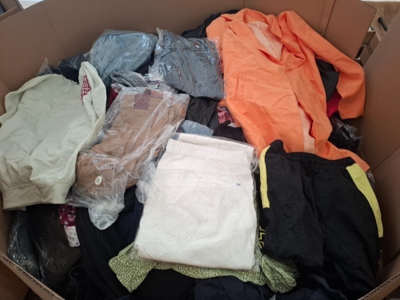 400 X MIXED CLOTHING LOT CONTAINING, SONSOFSOO JOGGERS IN LIGHT BLUE IN SIZE LARGE, ENJOY LATEX BOTTOMS IN BLACK IN SIZE MEDIUM, UNBRANDED BLAZER IN ORANGE IN SIZE MEDIUM, ETC (1 PALLET BOX)