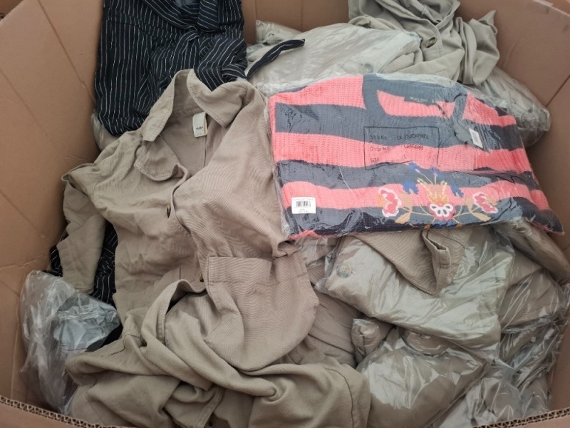 400 X MIXED CLOTHING LOT CONTAINING, UNBRANDED JACKET IN GREY IN SIZE MEDIUM, NIVELA BODY SUIT IN BLACK IN ONE SIZE, BRAVE SOUL JUMPER IN PINK AND BLACK IN SIZE LARGE, ETC (1 PALLET BOX)