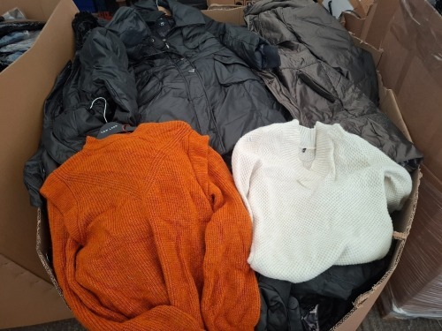 400 X MIXED CLOTHING LOT CONTAINING, J DOTXU PUFFER JACKET IN CHARCOAL IN SIZE MEDIUM, JDOTXU JACKET IN BRONZE IN XXL, UNBRANDED V-NECK JUMPER IN WHITE IN XS, ETC (1 PALLET BOX)