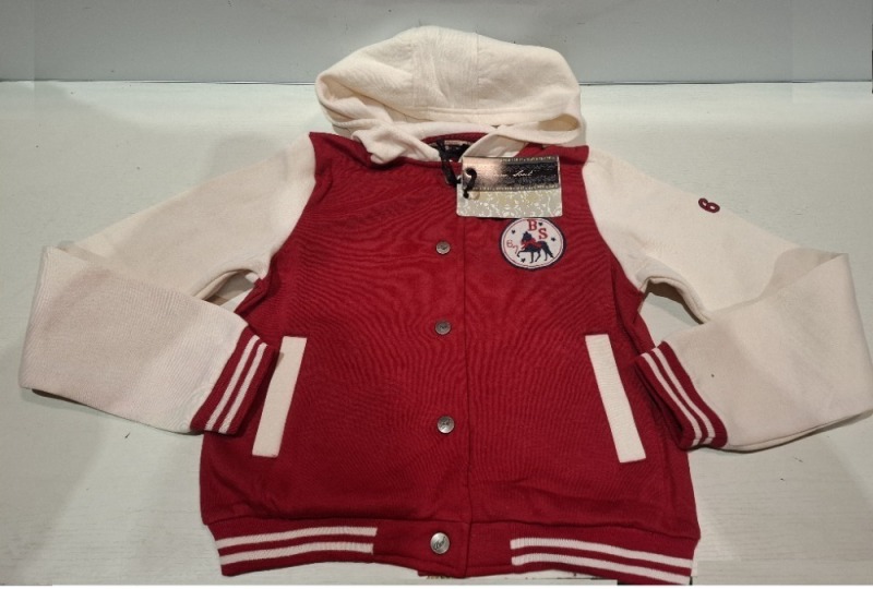150 X CHILDRENS BRAVE SOUL JACKETS IN RED AND WHITE IN VARIOUS SIZES ( IN 5 BOXES)