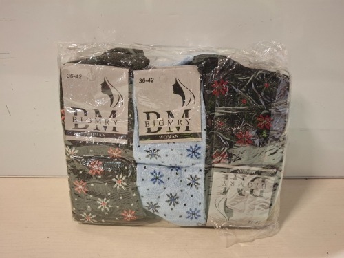 52 X BRAND NEW PACKS OF 12 PAIRS OF LADIES SOCKS IN ASSORTED STYLES AND COLOURS IN SIZES 36-42
