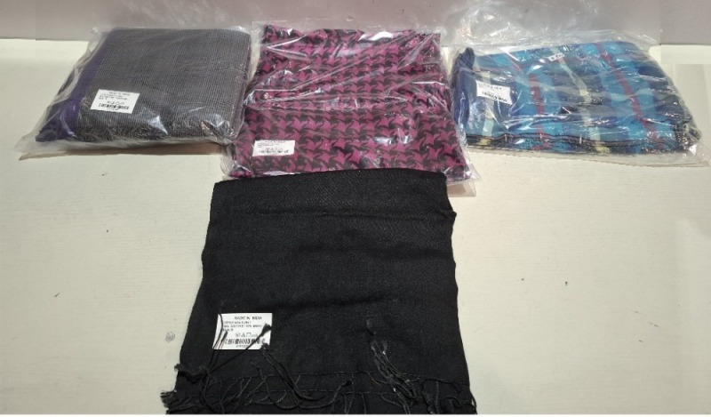 200 X BRAND NEW SCARFS IN VARIOUS COLOURS AND DESIGNS IN 2 BOXES