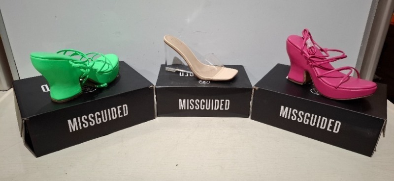 30 X BRAND NEW MIXED MISSGUIDED SHOES TO INCLUDE PERSPEX SQUARE TOE WEDGE HEEL IN NUDE , FAUX LEATHER PLATFORM STRAPPY SANDAL IN GREEN ETC ALL IN SIZE 4