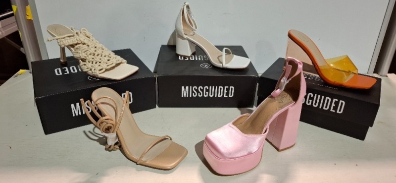 30 X BRAND NEW MIXED MISSGUIDED SHOES TO INCLUDE CHUNKY CROC GLADIATOR FLAT SHOE IN BLACK , HIGH HEEL BLOCK BARELY THERE SANDALS IN WHITE , EXTREME PLATFORM SATIN HEELED SHOE IN PINK ETC ALL IN SIZE 4