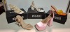 30 X BRAND NEW MIXED MISSGUIDED SHOES TO INCLUDE CHUNKY CROC GLADIATOR FLAT SHOE IN BLACK , HIGH HEEL BLOCK BARELY THERE SANDALS IN WHITE , EXTREME PLATFORM SATIN HEELED SHOE IN PINK ETC ALL IN SIZE 4