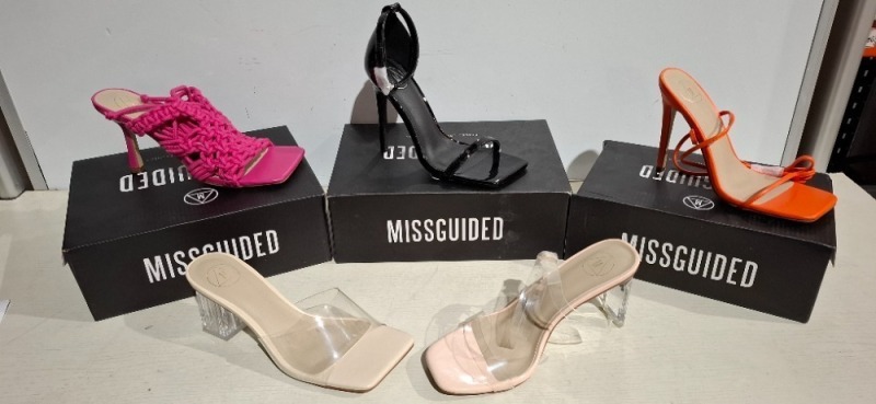 30 X BRAND NEW MIXED MISSGUIDED SHOES TO INCLUDE PERSPEX BLOCK HEEL MULE SANDAL IN SAND , SQUARE TOE TIE UP HEELED SANDALS IN ORANGE , POINTED TOE PATENT BARELY THERE IN NUDE ETC ALL IN SIZE 4