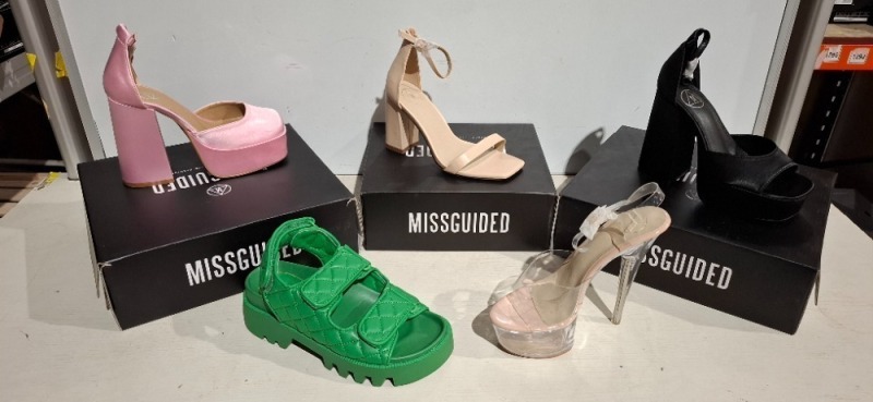 30 X BRAND NEW MIXED MISSGUIDED SHOES TO INCLUDE EXTREME PLATFORM SATIN HEELED SHOE IN PINK , HIGH HEEL BLOCK BARELY THERE SANDALS IN SAND , CLEAR PLATFORM SATIN HEELED SANDALS IN BLACK ETC ALL IN SIZE 3