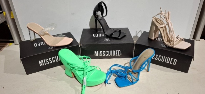 30 X BRAND NEW MIXED MISSGUIDED SHOES TO INCLUDE STRAPPY RING DETAIL HEELED SANDAL IN BLUE , FAUX LEATHER PLATFORM STRAPPY SANDAL IN GREEN , BLOCK HEEL TIE UP HEELED SANDALS IN CREAM ETC ALL IN SIZE 3