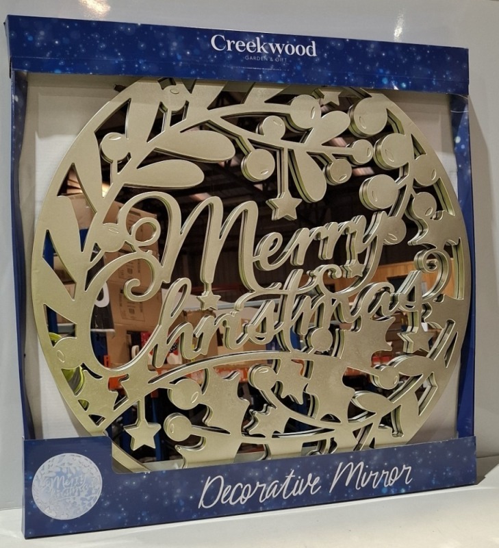 18 X BRAND NEW CREEK WOOD MERRY CHRISTMAS MIRRORS IN COLOUR GOLD IN 3 BOXES