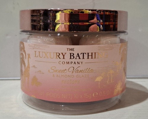 45 X BRAND NEW JARS OF THE LUXURY BATHING COMPANY SWEET VANILLA & ALMOND GLAZE BATH FIZZERS IN 7 BOXES