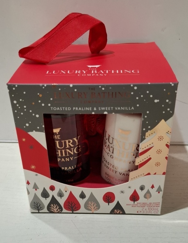 28 X BRAND NEW THE LUXURY BATHING COMPANY TOASTED PRALINE & SWEET VANILLA BODY ESSENTIALS GIFT SETS IN 4 BOXES