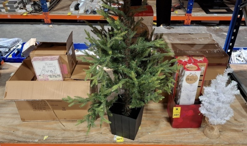 46 X BRAND MEW MIXED CHRISTMAS LOT CONTAINING 20 X 55CM WHITE XMAS TREE WITH BURLAP BASE , 2 X 1.2M POTTED HELSINKI XMAS TREES , 24 X HOME SWEET HOME PRE - LIT WALL ART