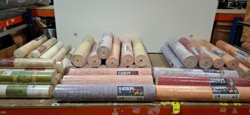 50 X PIECE NEW MIXED TEXTURED WALLPAPER LOT TO INCLUDE SIRPI - LIMONTA - EMELIANA IN VARIOUS COLOURS TO INCLUDE RED - PURPLE - BEIGE - ORANGE ETC IN SIZES MT 10.05 X 0.70 (IN ORIGINAL PACKING BUT MOST ROLLS DUSTY)