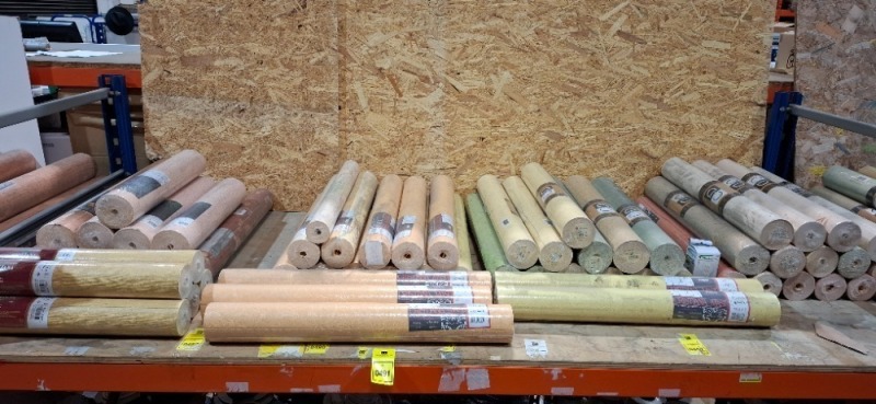 60 X PIECE NEW MIXED TEXTURED WALLPAPER LOT TO INCLUDE C & D - CRISTIANA MASI - EMILIANA - SIRPI ALL IN VARIOUS STYLES AND COLOURS I.E YELLOW - GREEN - ORANGE - RED - PINK ETC IN SIZE MT 10 X 0.70 (IN ORIGINAL PACKING BUT MOST ROLLS DUSTY)